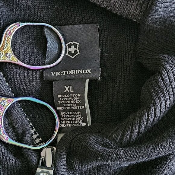 Victorinox Sweater Men XL Black Elbow Shoulder Patches Full Zip LS Commando - Picture 3 of 14